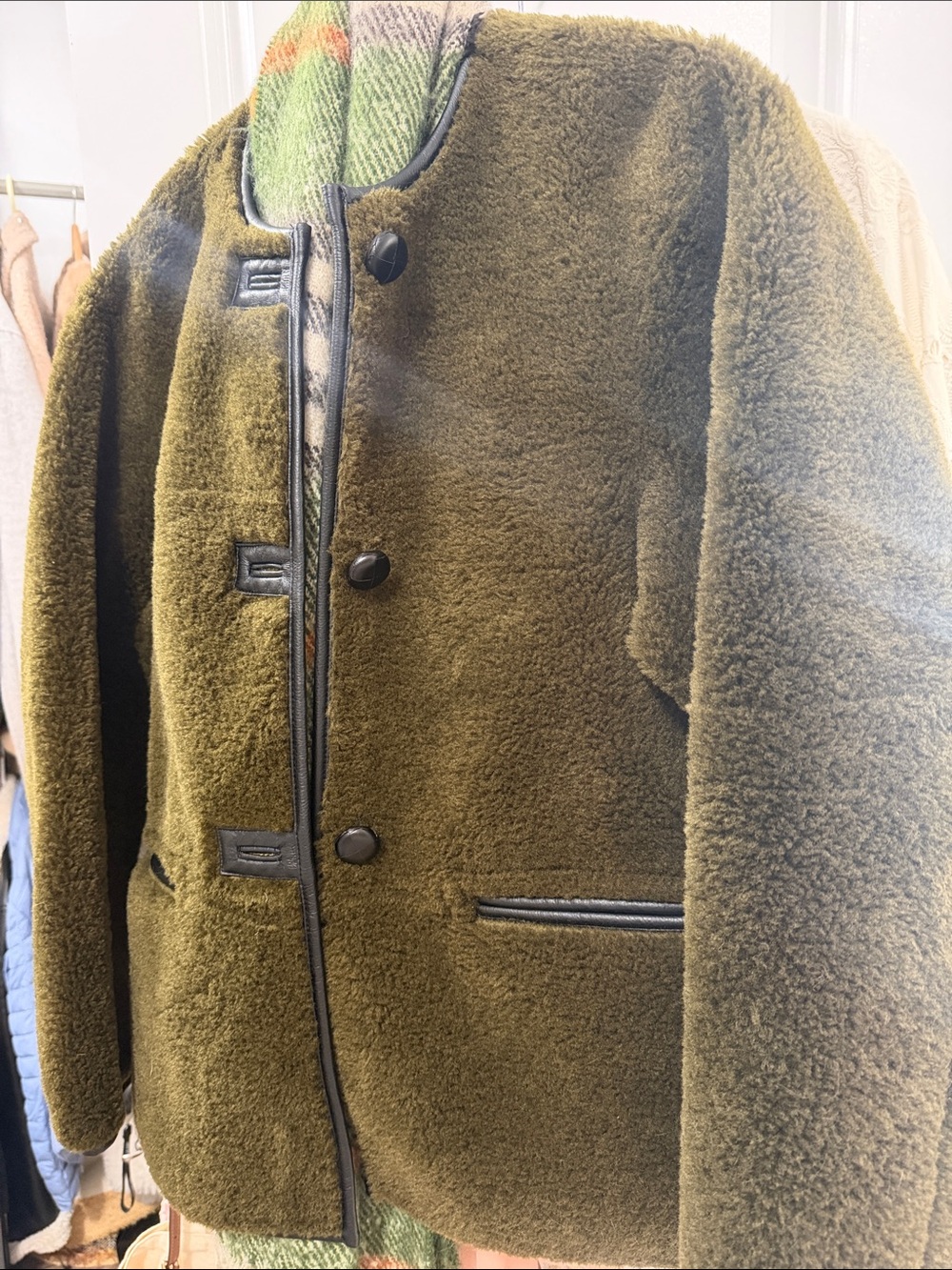 Mango Olive Green Shearling Jacket S Black faux leather lining and details